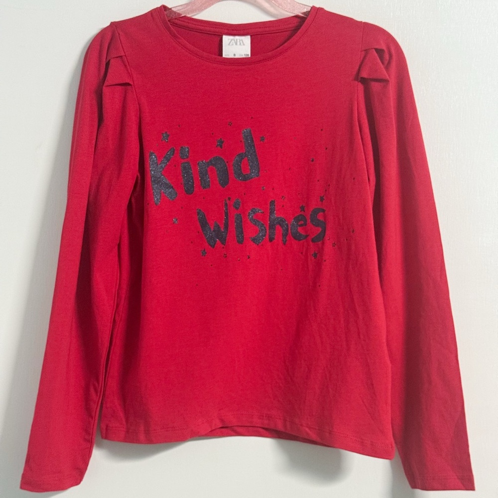 Zara Girls NWT Red Kind Wishes Glitter Long Sleeve Tee Size 8
